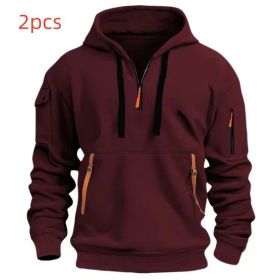 Dropped Shoulder Hooded Sweatshirt Men's Women's Plus Size Loose Pullover Fashion Sweatshirt (Option: Wine Red-M-2pcs)