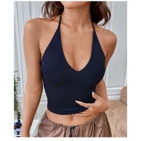 SHEIN EZwear Summer Solid Crop Halter Top (Option: Blue-XL)