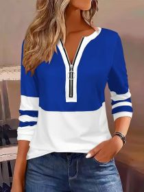Women's V-collar Contrast Color Striped Loose Zip Long-sleeved T-shirt (Option: Blue-M)
