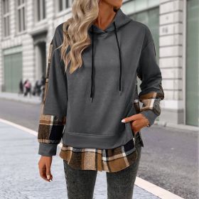 European And American Long Sleeve Plaid Colorblock Hooded Velvet Padded Sweater (Option: Dark Grey-M)