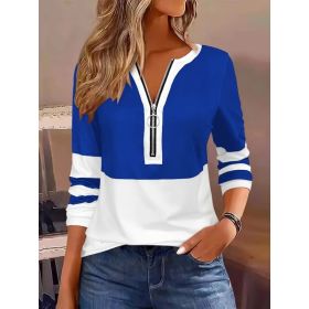 Women's V-collar Contrast Color Striped Loose Zip Long-sleeved T-shirt (Option: Blue-5XL)
