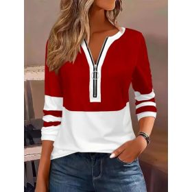 Women's V-collar Contrast Color Striped Loose Zip Long-sleeved T-shirt (Option: Red-5XL)