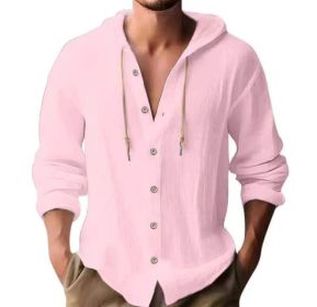 Cotton And Linen Shirt Hooded Sweater Button Long Sleeve (Option: Pink-XL)