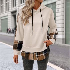 European And American Long Sleeve Plaid Colorblock Hooded Velvet Padded Sweater (Option: White-XL)
