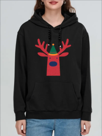 Women'S Fashion Christmas Reindeer Santa Hat Cartoon Print Hoodies Long Sleeve Hood Sweatshirt Loose Fit Tops Fall Streetwear (Option: Black-2XL)