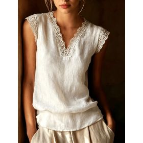 Women's Lace Trim V-Neck Sleeveless Blouse (Option: White-XXL)
