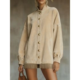Velvet Fringed Hem Casual Stand-up Collar Button-down Loose Sweatshirt Dress (Option: Beige-S)