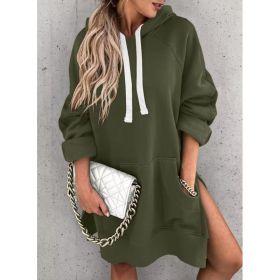 Women's Hooded Sweatshirt With Pockets Fashion Casual Split Mid-length Sweater Drawstring Tops (Option: Army Green-S)