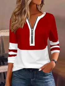 Women's V-collar Contrast Color Striped Loose Zip Long-sleeved T-shirt (Option: Red-XL)