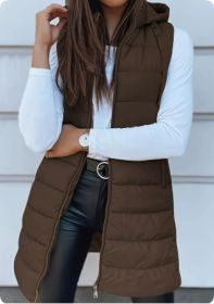 Solid Color Hooded Quilted Zipper Cotton Vest Coat (Option: Coffee-L)