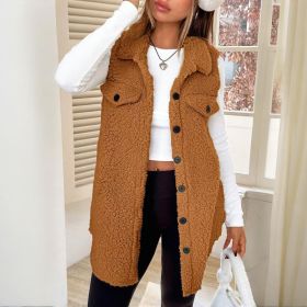 Women's Wool-Like Sleeveless Vest With Lapel, Solid Color Mid-Length Button Up Waistcoat For Layering, Casual & Formal Outfits (Option: Brown-S)