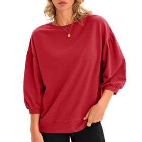 Fisoew Womens Puff Sleeve Sweatshirts Casual Crewneck Sleeve Loose Fit Fall Pullover Tops (Option: Red-XXL)