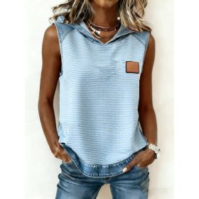 Casual Hooded Sleeveless Patchwork Denim-trimmed Loose-fitting Vest Sweatshirt For Women (Option: Blue-L)
