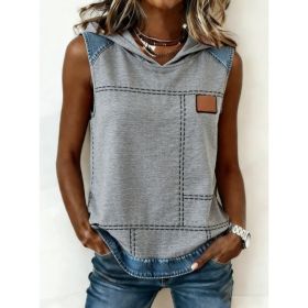 Casual Hooded Sleeveless Patchwork Denim-trimmed Loose-fitting Vest Sweatshirt For Women (Option: Gray-2XL)