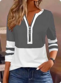 Women's V-collar Contrast Color Striped Loose Zip Long-sleeved T-shirt (Option: Grey-M)