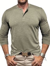 Men's Long-sleeved Henry Collar T-shirt (Option: Matcha color-S)
