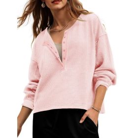 Fisoew Womens Cropped Sweatshirt Casual Waffle Knit Button V Neck Long Sleeve Loose Fit Fall Crop Tops (Option: Light Pink-S)