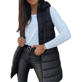 Women's Solid Color Sleeveless Hooded Vest, Mid-Length Zip-Front Waistcoat With Pockets For Spring And Fall Layering (Option: Black-XXL)