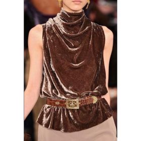 Caramel Brown Velvet Slouchy Collar Sleeveless Top (Option: Brown-XXL)