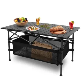 1Pc Folding Camping Table Portable Aluminum Roll-up Picnic BBQ Desk With Carrying Bag Heavy Duty Outdoor Beach Backyard Party Patio (Option: Black)
