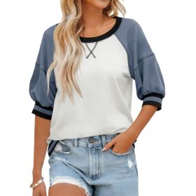 Fisoew Womens Crewneck Sweatshirt Ribbed Raglan Half Sleeve Pullover Tops Color Block Loose Fit Sweatshirts (Option: White-XXL)