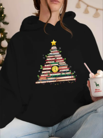 Christmas Tree Made Of Books Print Kangaroo Pocket Hoodie, Casual Long Sleeve Hooded Sweatshirt, Women's Clothing (Option: Black-S)