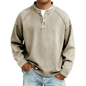 Men's Solid-Colored Casual Top Vintage Long-Sleeve Shirt (Option: Khaki-S)