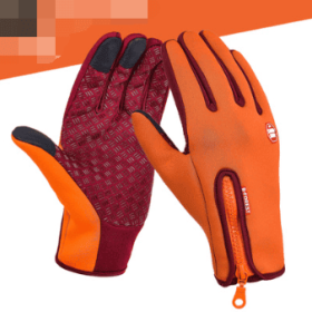 Outdoor Waterproof Gloves Touch Screen Windproof Riding Zipper Sports Winter Warm Fleece Mountaineering Gloves (Option: Orange-XL-Zipper)