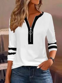 Women's V-collar Contrast Color Striped Loose Zip Long-sleeved T-shirt (Option: White-XXL)