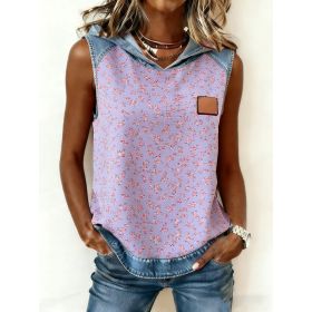 Casual Hooded Sleeveless Patchwork Denim-trimmed Loose-fitting Vest Sweatshirt For Women (Option: Purple-S)