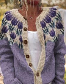 3D Digital Printing Cardigan Knitted Coat (Option: Purple-XL)