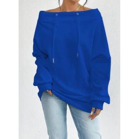 Women's Loose Casual Drawstring Off-the-shoulder Off-shoulder Top (Option: Blue-5XL)
