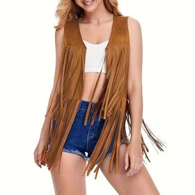 Women's Fringe Vest Sleeveless 70s Hippie Faux Suede Trim Western Cowgirl Tassel Jacket Cardigan (Option: Brown-M)