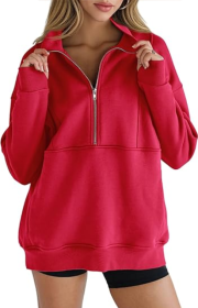 Women's Half Zip Sweatshirts Fleece Stand Collar Long Sleeve Thumb Hole Oversized Pullovers With Pockets (Option: Red-XXL)