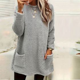 Women's Long Sleeved Pocket Plush Hoodie T-shirt (Option: Grey-L)