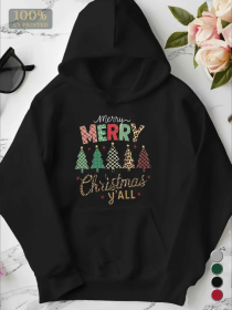 Plus Size Women'S Merry Christmas Hoodie, Casual Style, Geometric Pattern, With Pocket Detail, For Fall Winter Season Hooded Sweatshirt (Option: Black-2XL)