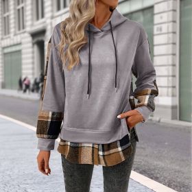 European And American Long Sleeve Plaid Colorblock Hooded Velvet Padded Sweater (Option: Light grey-M)