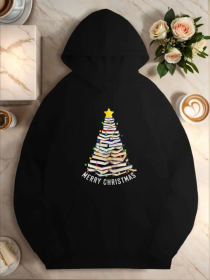 Plus Size Christmas Tree Pattern Hoodie For Women, Casual Style, With Geometric Design, For Fall Winter Season Hooded Sweatshirt With Pocket (Option: Black-S)