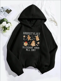 Women'S Christmas Theme Hoodie, Casual Hooded Sweatshirt With Sleigh & Cookie Man Print, Festive Graphic Pullover With Kangaroo Pocket, All-Seaso (Option: Black-S)