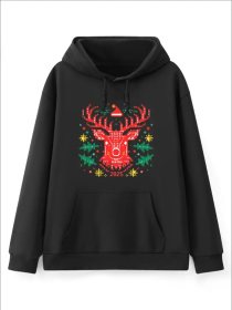 Women'S Fashion Christmas Cartoon Reindeer Santa Hat Hello 2025 Print Hoodies Long Sleeve Hood Sweatshirt Loose Fit Tops Fall Streetwear (Option: Black-S)