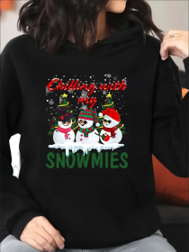 Plus Size Snowmies Christmas Snowmen Print Hoodie Women Long Sleeve Drawstring With Pockets, Soft (Option: Black-S)