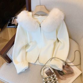 Double Zipper Fur Collar Stitching Design Sense Hooded Knit Cardigan (Option: Milky White-S)