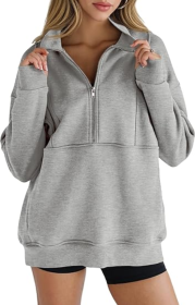 Women's Half Zip Sweatshirts Fleece Stand Collar Long Sleeve Thumb Hole Oversized Pullovers With Pockets (Option: Grey-XXL)