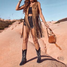 Women's Solid Color Elegant Western Fringe Vest - Round Neck Side Slit Hem With Boho Tassel Details (Option: Brown-M)