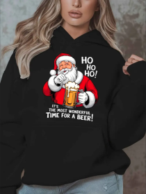 Festive Christmas Graphic Hoodie For Women, Plus Size Casual  Sweatshirt With Santa And Beer Design, Long Sleeve Pullover With Pockets, Oversized (Option: Black-S)