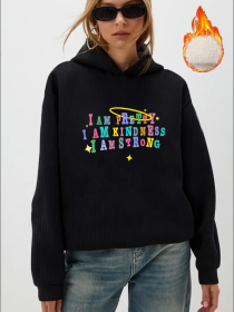 Women'S Fall Winter Fleece-Lined Hoodie, Casual With Elastane, Alphabet & Portrait Patterns, Hooded Collar Sweatshirt (Option: Black-S)