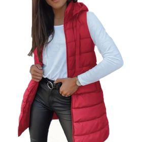 Women's Solid Color Sleeveless Hooded Vest, Mid-Length Zip-Front Waistcoat With Pockets For Spring And Fall Layering (Option: Red-XXL)