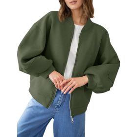 Fisoew Womens Zip Up Sweatshirt Casual Bomber Jacket Lantern Sleeve Oversized Jacket Fall Outfits 2025 (Option: Army Green-L)