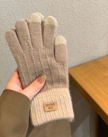 Winter Mittens Brown Striped Embroidered Warm Cycling Spot Universal Cartoon Gloves Ins (Color: Dark khaki)