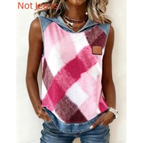 Casual Hooded Sleeveless Patchwork Denim-trimmed Loose-fitting Vest Sweatshirt For Women (Option: Rose Red-2XL)